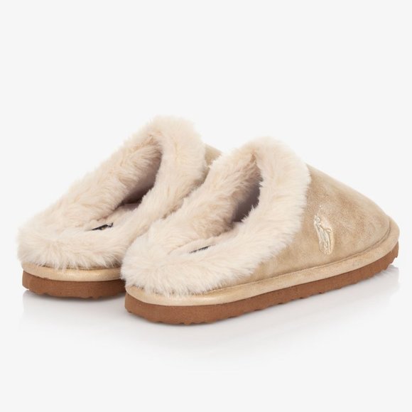 POLO RALPH LAUREN Girls Gold Metallic Fur Slippers Size 12 NEW Rare Authentic - Picture 2 of 3